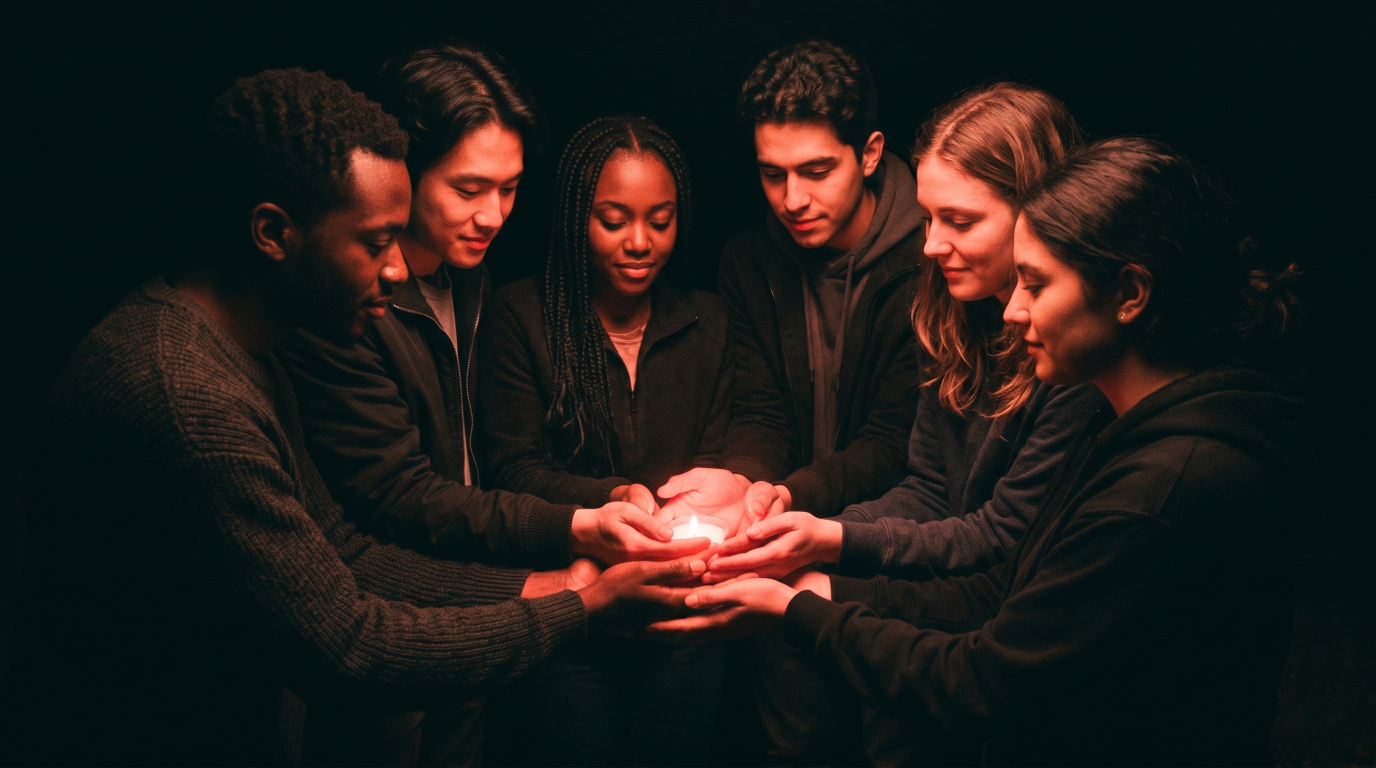 Círculo de jóvenes con las manos sobre una luz cálida