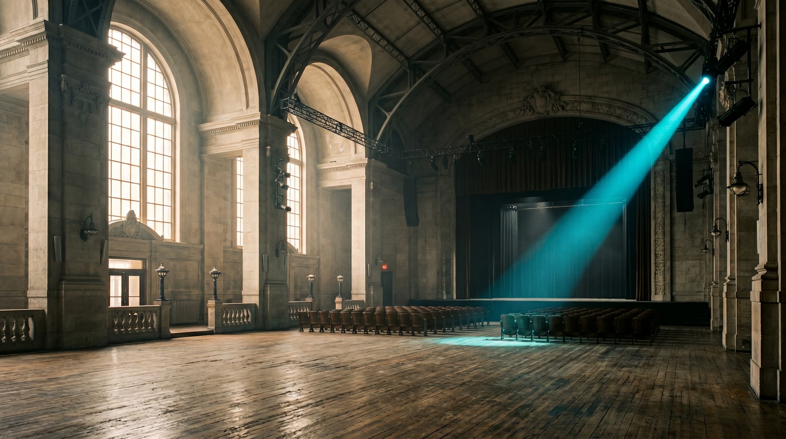 Sala patrimonial de Balmaceda con un haz de luz