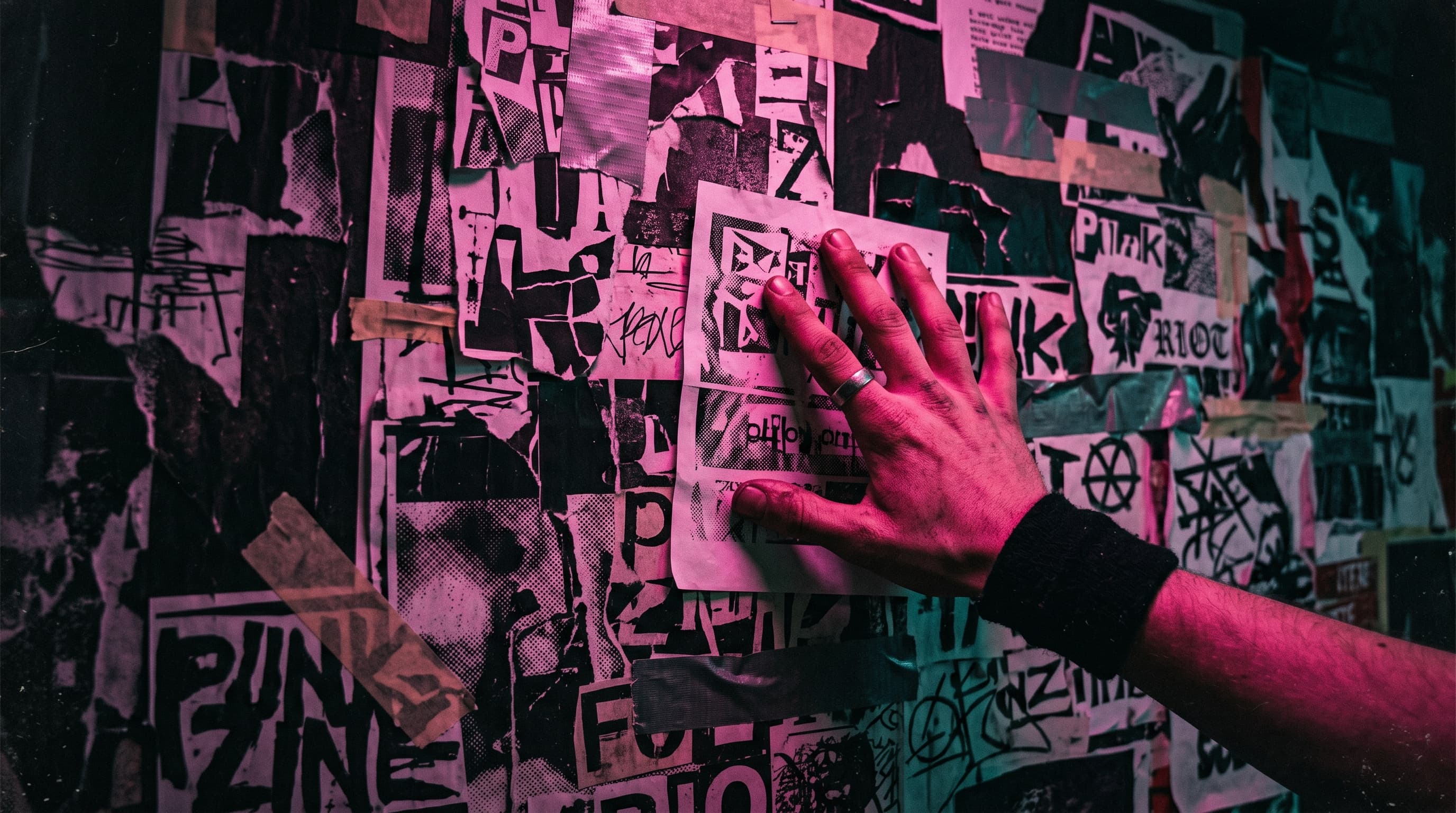 Muro de afiches y fanzines intervenido